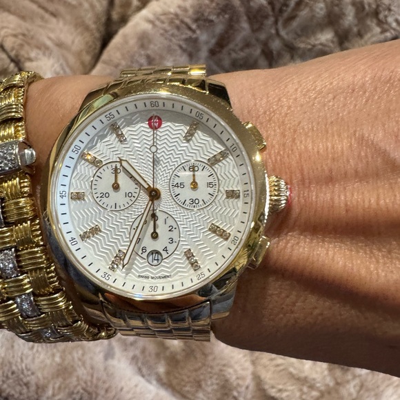 Michele Uptown 38mm Gold-Tone Chronograph Watch | Swiss Movement | Diamonds - Picture 3 of 13